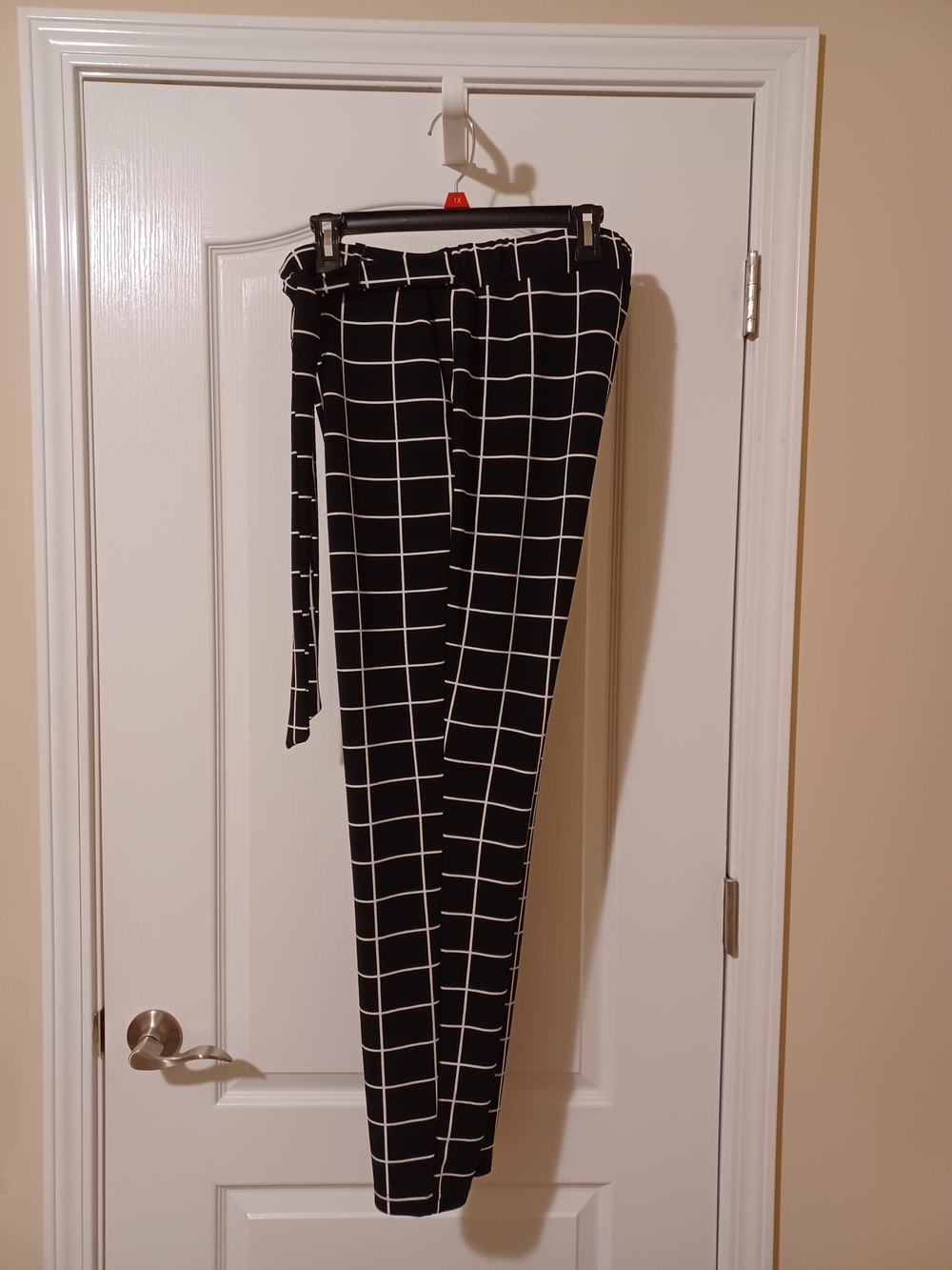 Black & White Grid Tie-Waist Straight Leg Pants